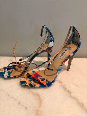 Steve Madden Blue Multicolor Floral Ankle-Strap Stiletto Sandals